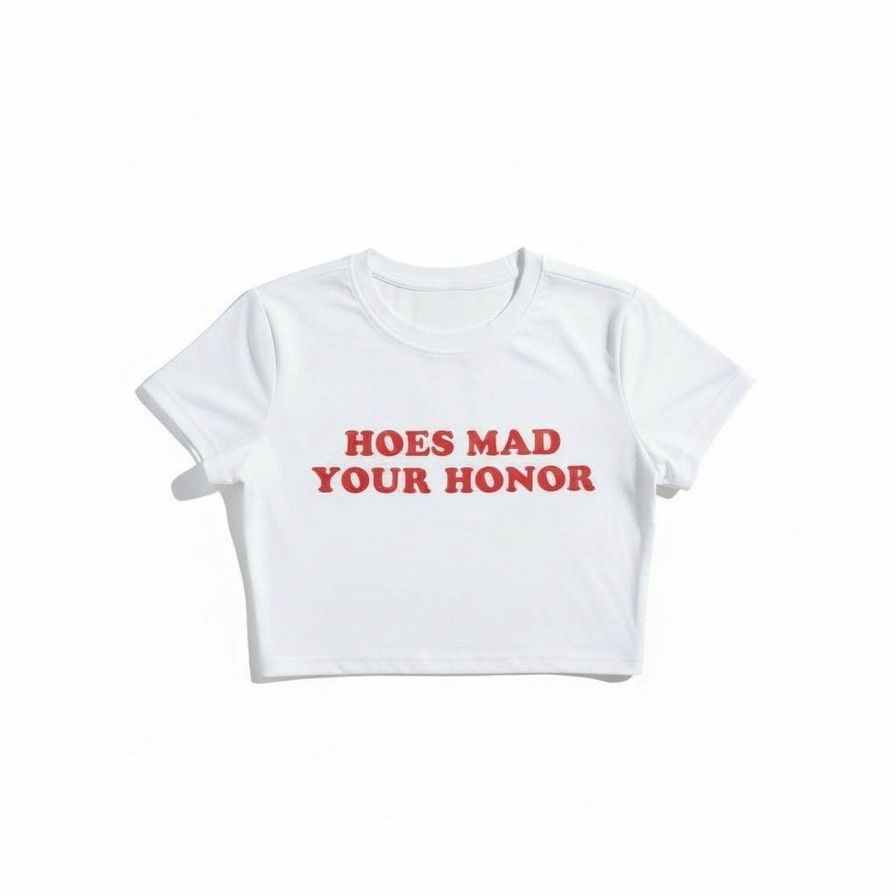 New XS "Hoes Mad Your Honor" White Red Short Sleeve Crop Top Baby Tee